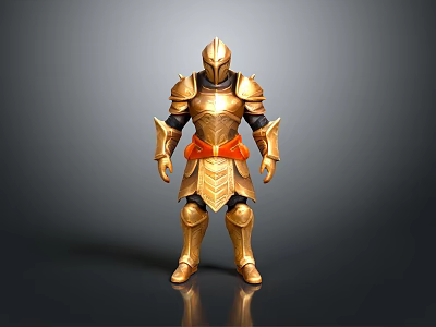 A Man Wearing Full Golden Medieval Armor With Red Belt Isolated On Dark Background 3d model