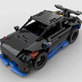 Detailed Black Sports Car Model Built With Building Blocks And Blue Accents