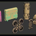 Golden 3D Model Mechanical Components Including Toolbox Cylindrical Parts Wheels And Grid Structure
