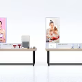Modern Display Cabinets With Digital Screens And Skincare Products On Counter