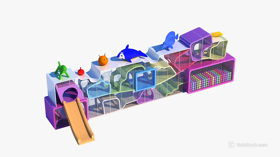 Children's Playground Equipment with Colorful Structures Slide Climbing Nets and Animal Shapes 3d model 