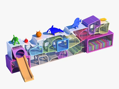 Children's Playground Equipment with Colorful Structures Slide Climbing Nets and Animal Shapes 3d model