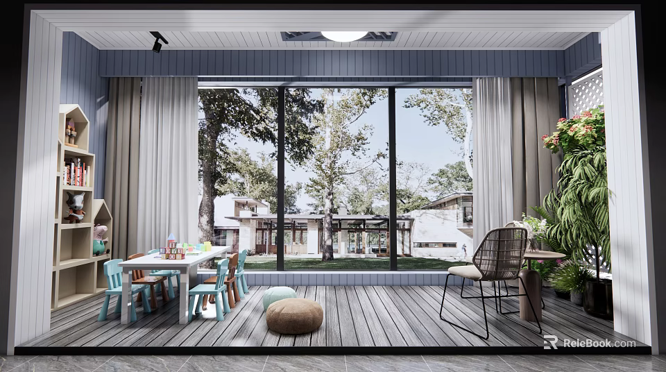Modern Home Balcony With Large Glass Windows Wooden Flooring Kids Table And Chairs Green Plants 3d model 