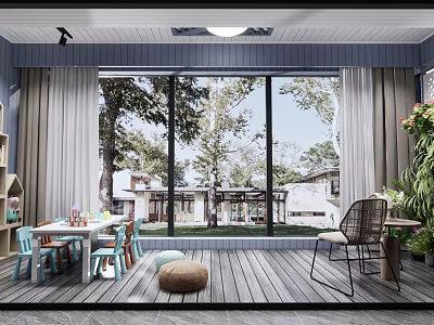 Modern Home Balcony With Large Glass Windows Wooden Flooring Kids Table And Chairs Green Plants 3d model