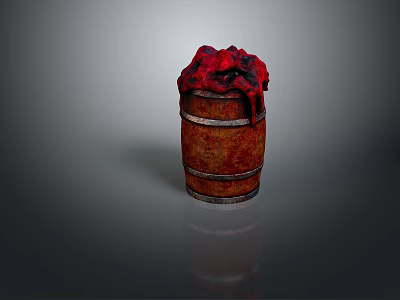 Rustic Wooden Barrel With Red Fabric Cover And Metal Hoops Design 3d model
