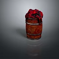 Rustic Wooden Barrel With Red Fabric Cover And Metal Hoops Design