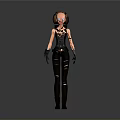 Woman with brown short hair wearing black tight outfit and ripped pants with black gloves