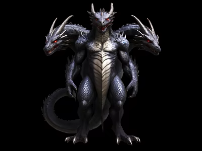 Three Headed Dragon Like Game Movie Character With Muscular Body And Scales 3d model