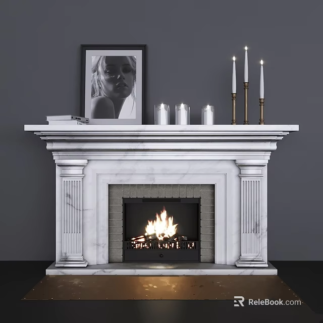 Elegant Marble Fireplace With Framed Painting Books And Candles On Mantel And Burning Fire Inside 3d model 