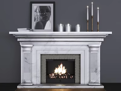 Elegant Marble Fireplace With Framed Painting Books And Candles On Mantel And Burning Fire Inside 3d model