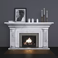 Elegant Marble Fireplace With Framed Painting Books And Candles On Mantel And Burning Fire Inside