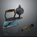 Vintage Electric Iron With Wooden Handle And Metal Accessories On Reflective Surface