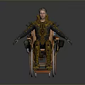 Person In Wheelchair With Biomechanical Armor And Intricate Yellow Brown Design