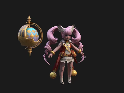 Game Character With Pink Twin Tails Cat Ears Red Cape And Golden Decorated Sphere Accessory 3d model