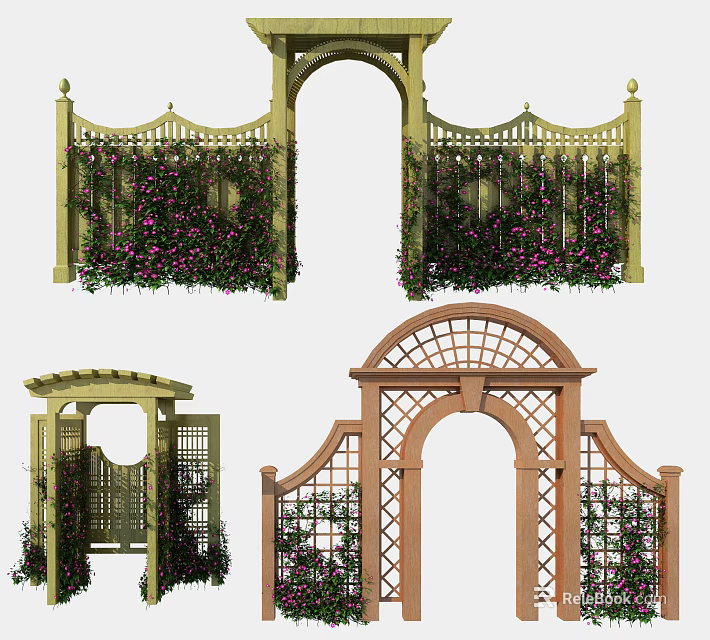 Decorative Wooden Entry Gates With Arched Design Lattice And Climbing Vines 3d model 