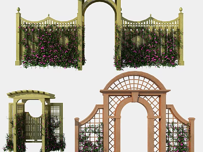 Decorative Wooden Entry Gates With Arched Design Lattice And Climbing Vines 3d model