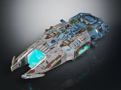 Futuristic Cosmic Spaceship Model With Detailed Structure And Blue Glowing Engines 3d model