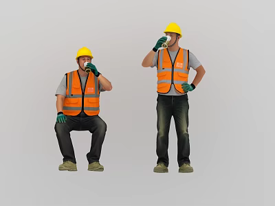 Two Construction Workers In Yellow Hard Hats Orange Safety Vests Drinking One Sitting One Standing 3d model