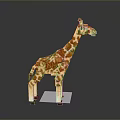 Handmade Giraffe Wooden Puzzle Model Standing On White Base Against Dark Background