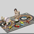 Doll In Children's Play Area With Colorful Rug Wooden Rocking Horse And Toy Cars