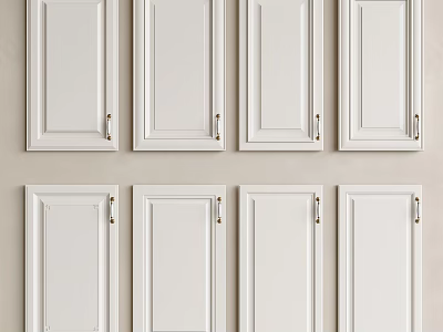 White Cabinet Doors Neatly Arranged In Two Rows With Four Each And Golden Handles 3d model