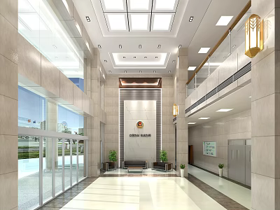 Spacious Bright Government Service Hall Interior With Glass Doors Green Plants And Marble Walls 3d model