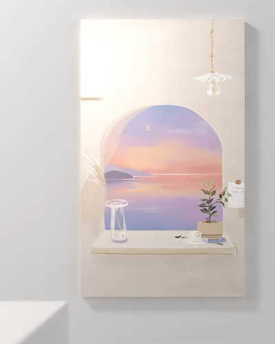 Artistic Sculpture Display On Arched Window Sill With Sunset Sea View Green Plant And Vase 3d model