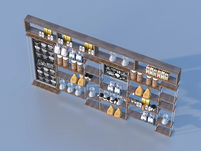 Wooden Multi Layer Shelf Displaying Daily Necessities Coffee Salt Sugar Glass Jars And Containers 3d model