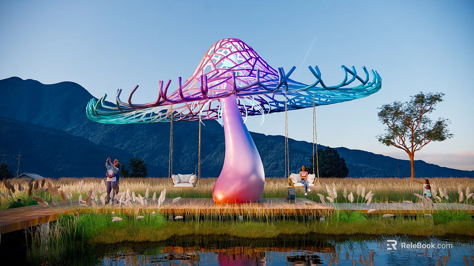 Giant Mushroom Shaped Structure With Purple Blue Gradient Net Like Top And Swings By Water 3d model 