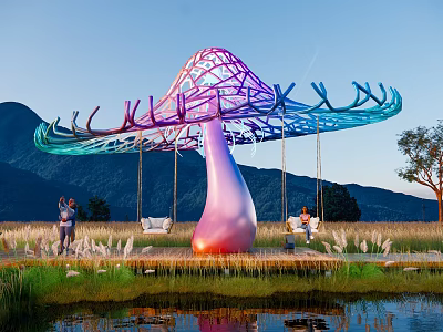 Giant Mushroom Shaped Structure With Purple Blue Gradient Net Like Top And Swings By Water 3d model