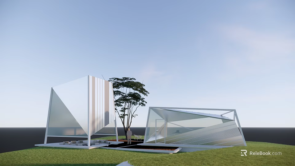 Modern Landscape Pavilion Featuring Geometric Glass Structure Green Lawn Trees And Clear Sky 3d model 