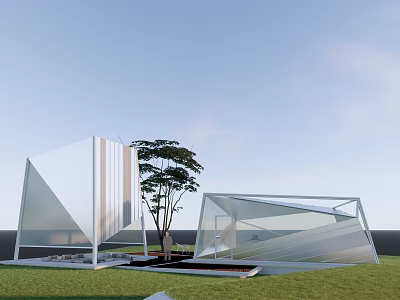 Modern Landscape Pavilion Featuring Geometric Glass Structure Green Lawn Trees And Clear Sky 3d model