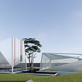 Modern Landscape Pavilion Featuring Geometric Glass Structure Green Lawn Trees And Clear Sky