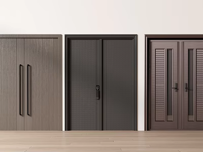 Modern Double Doors Featuring Vertical Stripes Louvered Design and Metal Lock in Brown Gray Tones 3d model