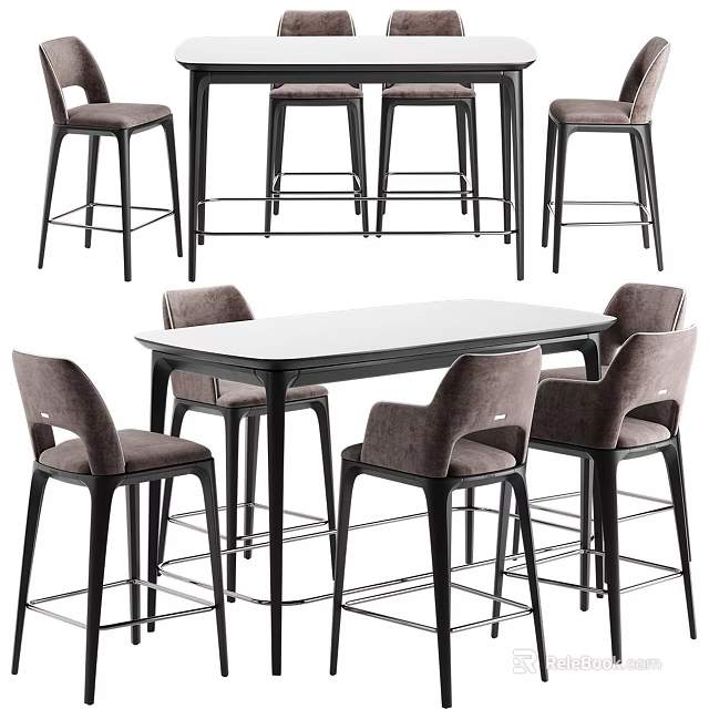 Modern Bar Counter Setup With Black Metal Frame And Gray Upholstered Stools 3d model