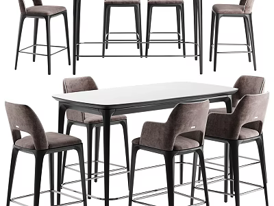 Modern Bar Counter Setup With Black Metal Frame And Gray Upholstered Stools 3d model