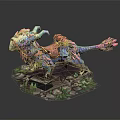 Colorful Fantasy Bird Creature With Red Saddle On Rock Base And Green Plants