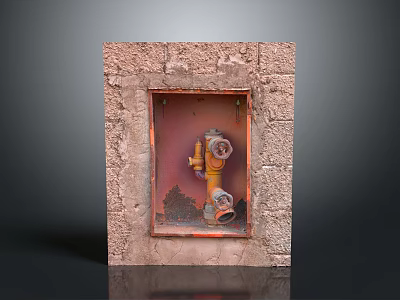 Stone Framed Enclosure With Yellow Fire Hydrant And Red Background Detail 3d model