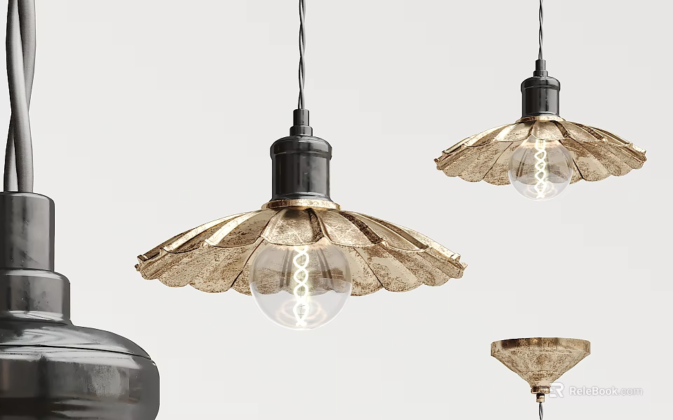 Elegant Pendant Lights With Golden Petal Shaped Shade And Spiral Bulb Design 3d model 