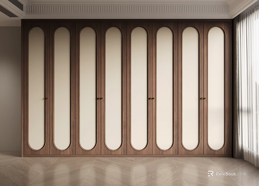Modern Wooden Wardrobe Design With Oval Panels And Light Dark Wood Finish 3d model 