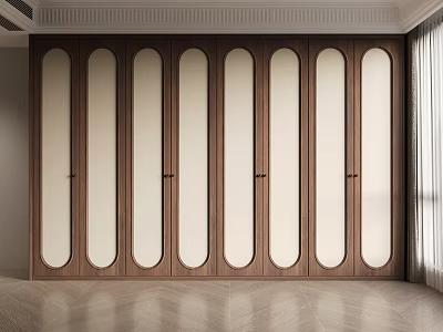 Modern Wooden Wardrobe Design With Oval Panels And Light Dark Wood Finish 3d model