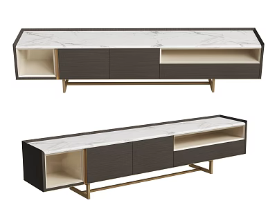 Modern TV Stand With Marble Top Dark Cabinet Gold Metal Legs Open Storage Compartments 3d model