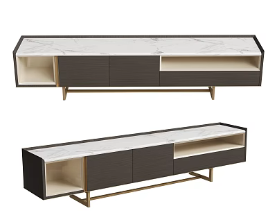 Modern TV Stand With Marble Top Dark Cabinet Gold Metal Legs Open Storage Compartments 3d model