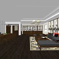 Modern Office Interior With Long Wooden Table Laptop Potted Plants Hanging Lights And Large Windows