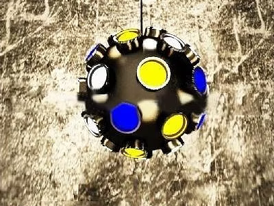 Decorative Spherical Chandelier With Colorful Circular Panels Yellow Blue White And Metallic Frame 3d model