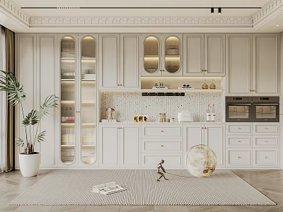 Modern White Wine Cabinet with Glass Doors and Decorative Items in Elegant Kitchen Interior 3d model