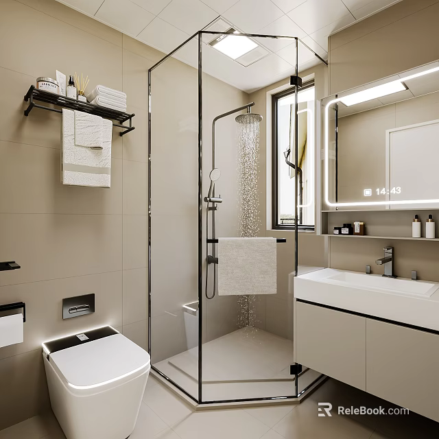 Modern Bathroom With Glass Shower Enclosure Smart Toilet Vanity Mirror Towel Rack And Tiled Walls 3d model 