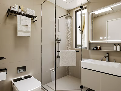 Modern Bathroom With Glass Shower Enclosure Smart Toilet Vanity Mirror Towel Rack And Tiled Walls 3d model