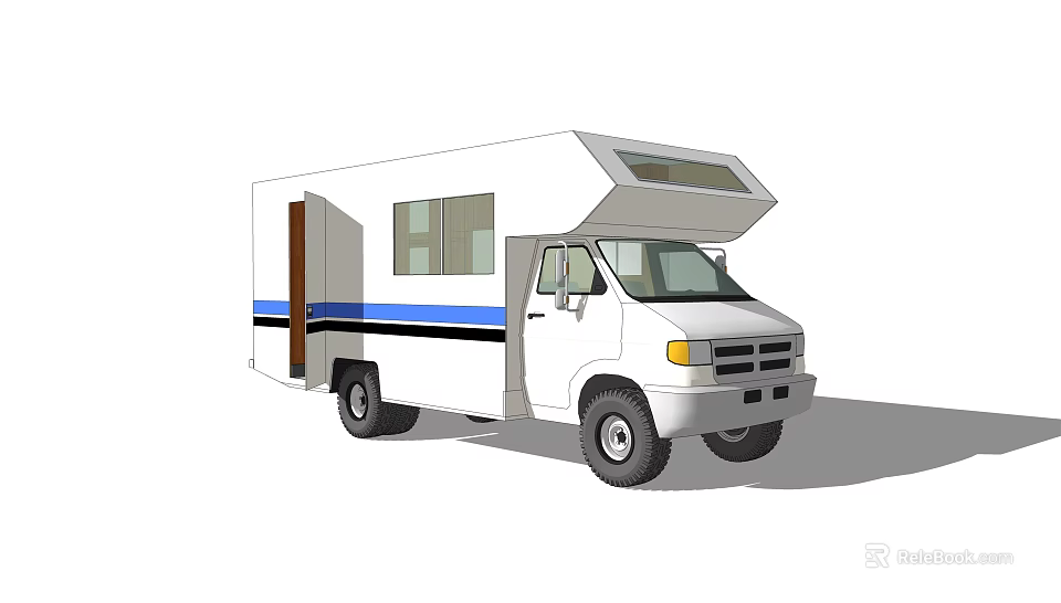 White Camper Van With Blue Black Stripes Door Windows And Roof Window 3d model 
