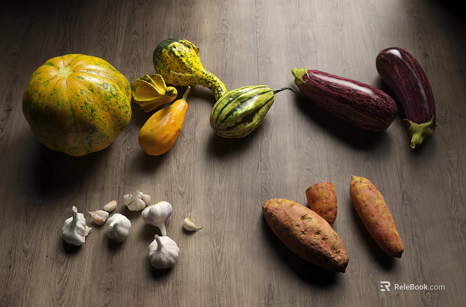 Fresh Organic Vegetables Including Pumpkin Squash Eggplant Garlic And Sweet Potatoes On Wooden Table 3d model 